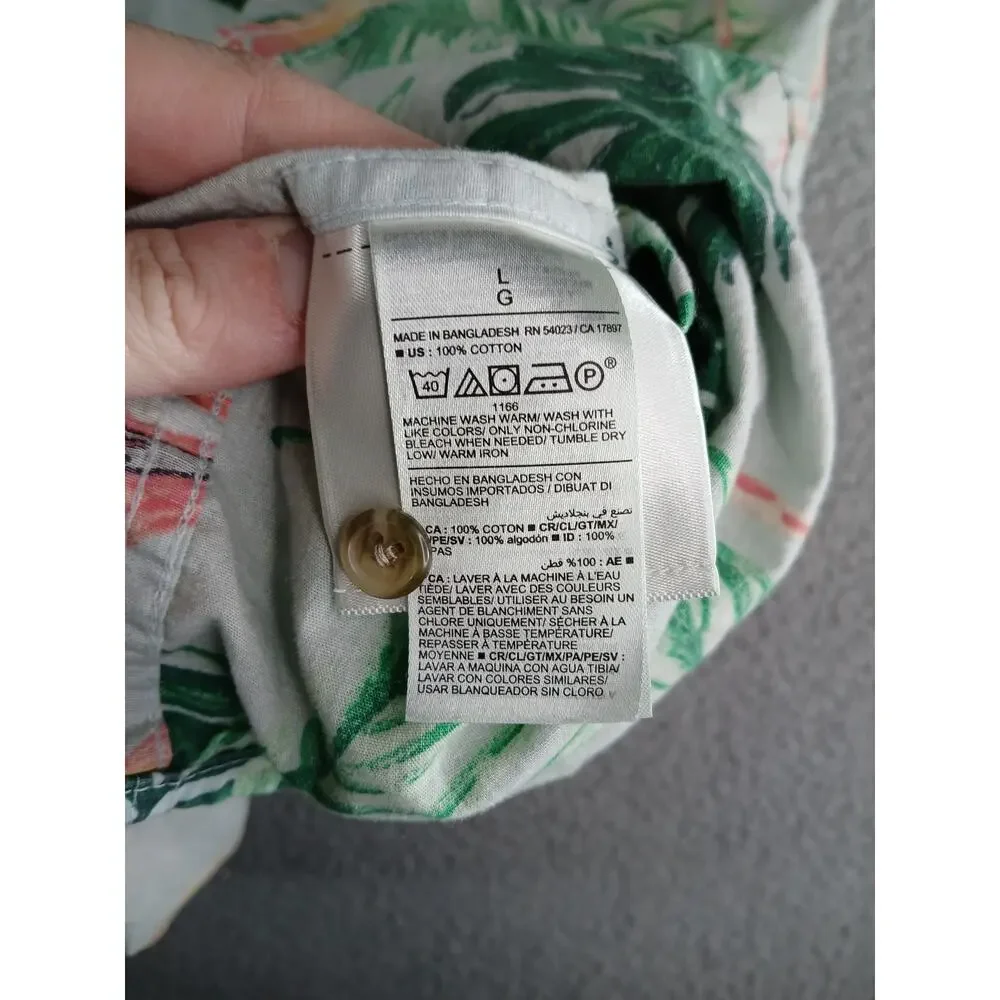 Old Navy Shirt Mens Large Flamingo Green Button Up Tropical Palm 100% Cotton - Picture 7 of 8